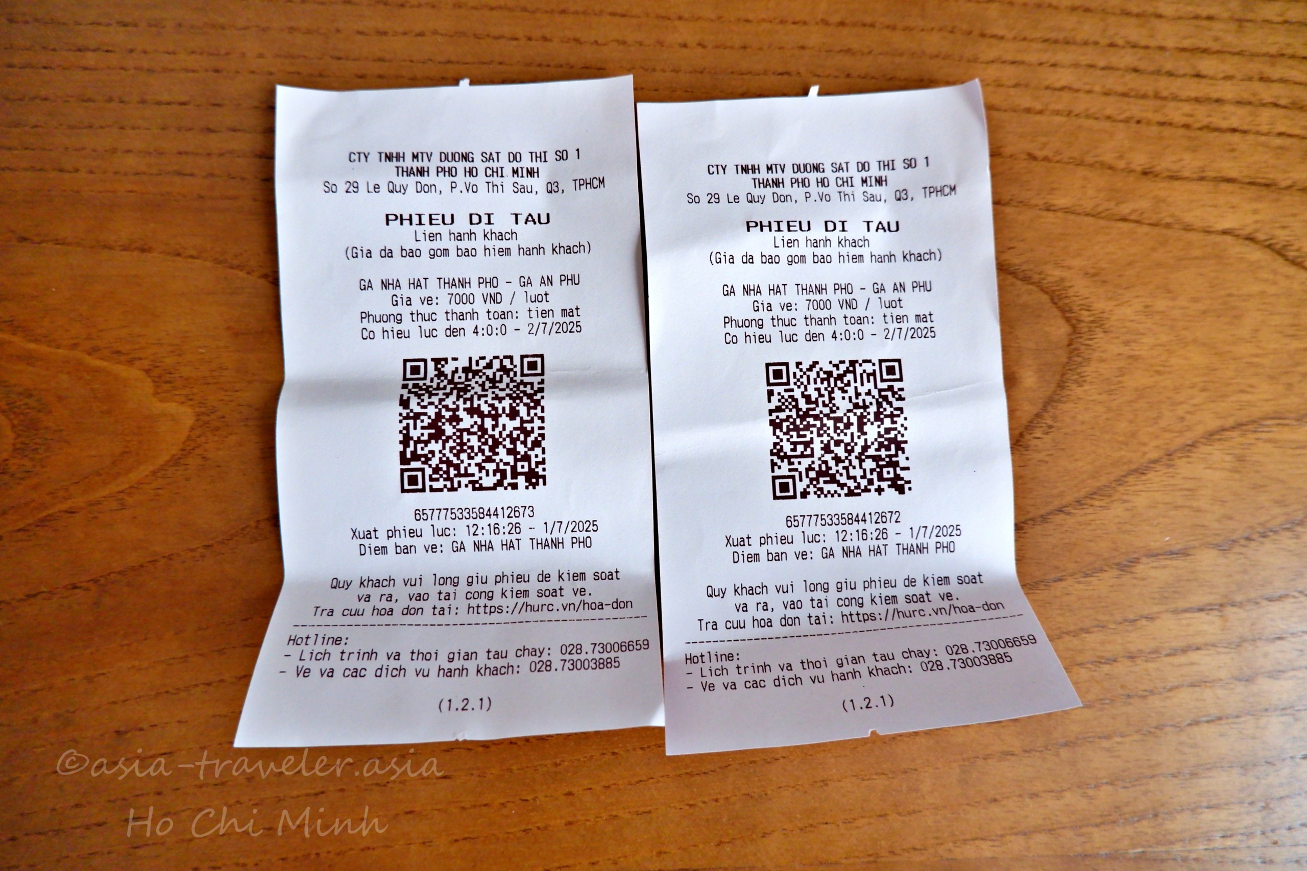 ホーチミンメトロのチケット2枚（オペラハウス駅発・7000VND）